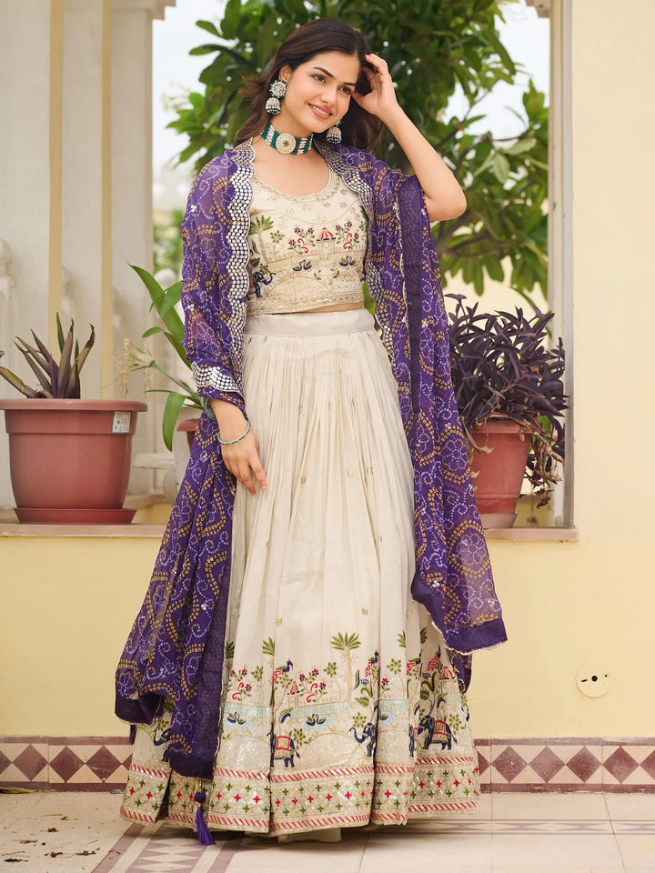 Gorgeous Off-White Thread Work Tissue Evening Wear Lehenga Choli With Purple Dupatta