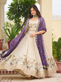 Gorgeous Off-White Thread Work Tissue Evening Wear Lehenga Choli With Purple Dupatta