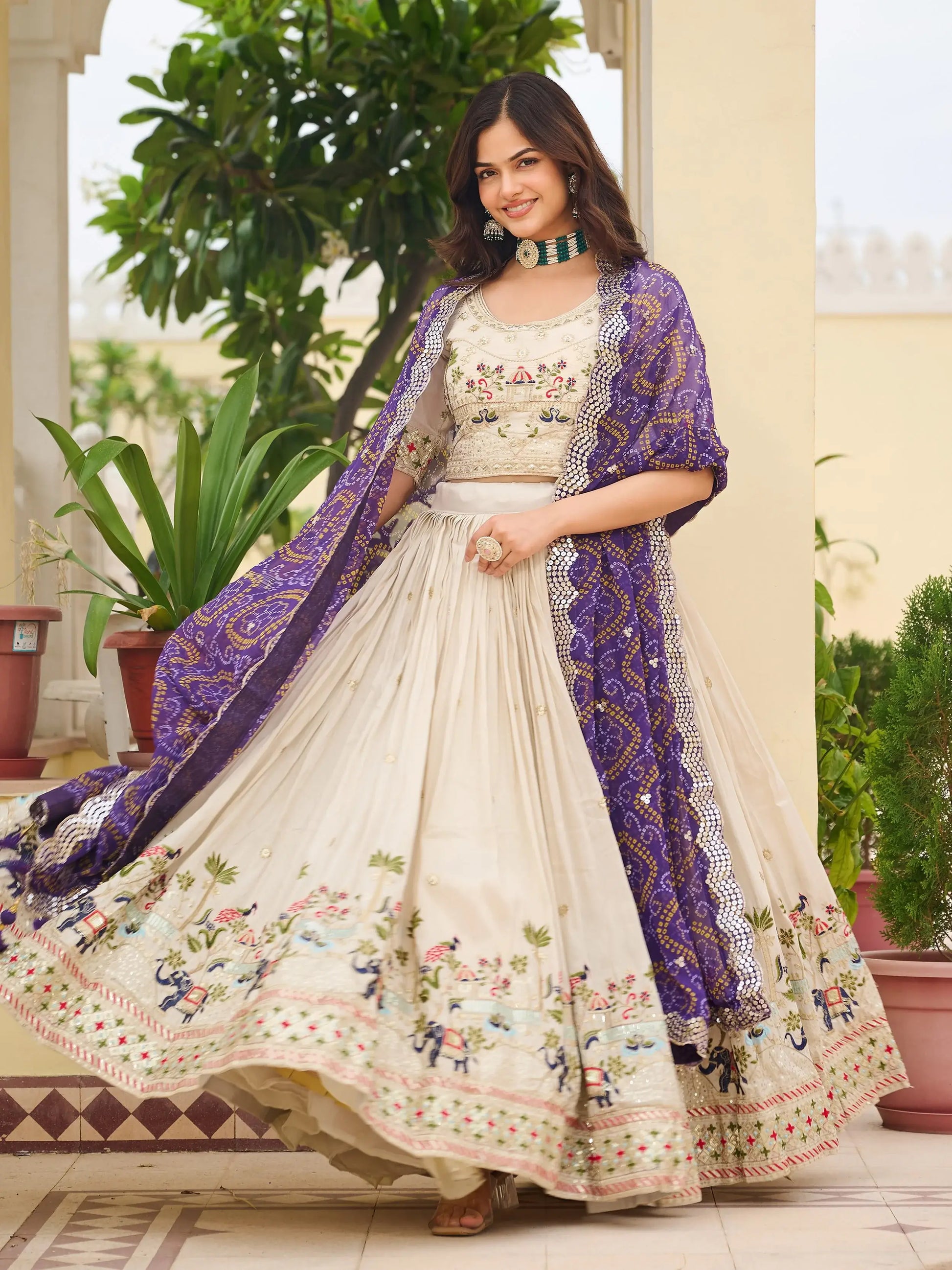 Gorgeous Off-White Thread Work Tissue Evening Wear Lehenga Choli With Purple Dupatta
