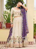 Gorgeous Off-White Thread Work Tissue Evening Wear Lehenga Choli With Purple Dupatta