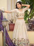 Gorgeous Off-White Thread Work Tissue Evening Wear Lehenga Choli With Purple Dupatta