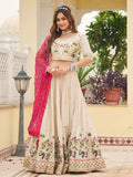 Awesome Off-White Embroidered Tissue Traditional Lehenga Choli With Pink Dupatta