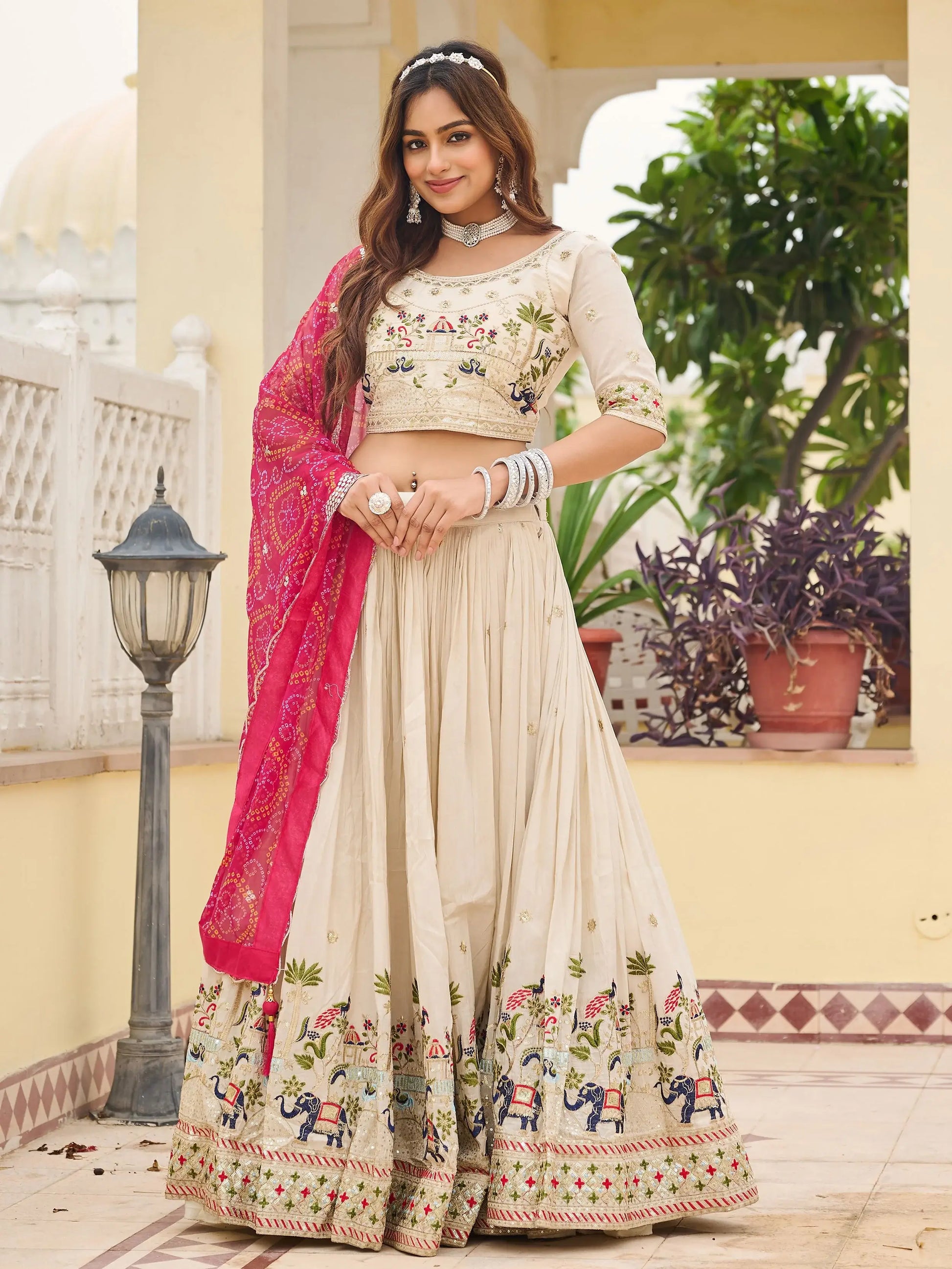 Awesome Off-White Embroidered Tissue Traditional Lehenga Choli With Pink Dupatta