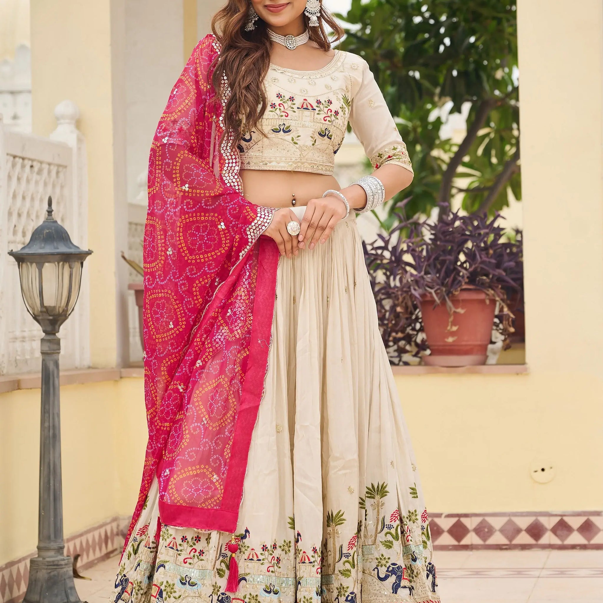 Awesome Off-White Embroidered Tissue Traditional Lehenga Choli With Pink Dupatta