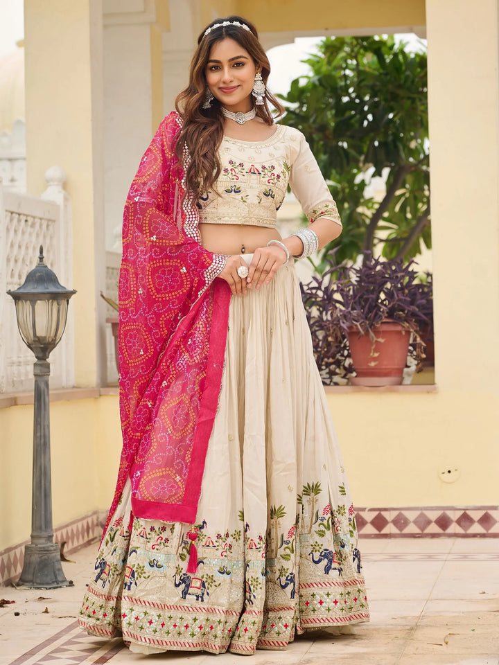 Awesome Off-White Embroidered Tissue Traditional Lehenga Choli With Pink Dupatta
