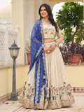 Attractive Off-White Thread Work Tissue Event Wear Lehenga Choli With Blue Dupatta