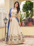 Attractive Off-White Thread Work Tissue Event Wear Lehenga Choli With Blue Dupatta