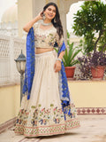 Attractive Off-White Thread Work Tissue Event Wear Lehenga Choli With Blue Dupatta