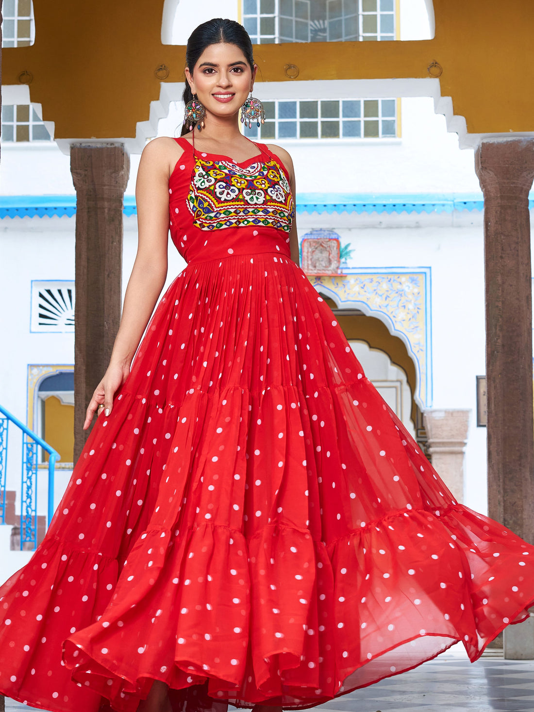 Intricate Red Gamthi Work Georgette Navratri Special Gown