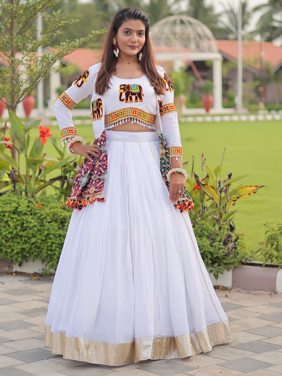 Terrific White Cotton Gamthi Work Navratri Special Lehenga Choli With Jacket