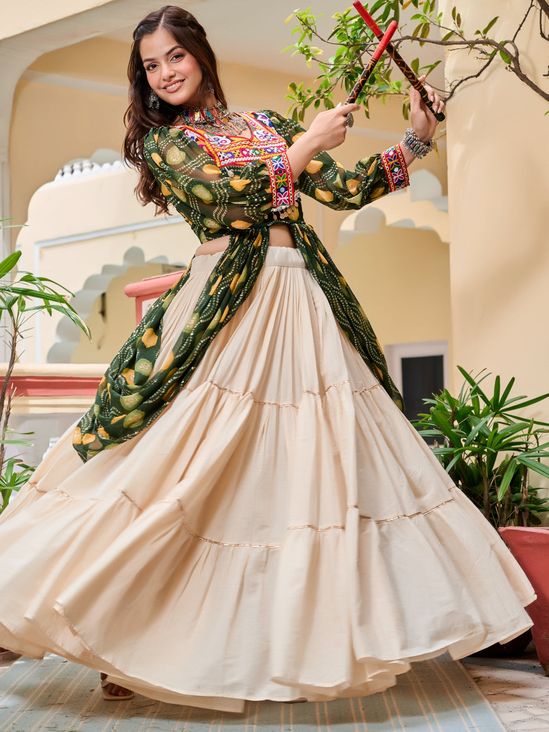 Stunning Green Cotton Navratri Wear Lehenga With Printed Shrug
