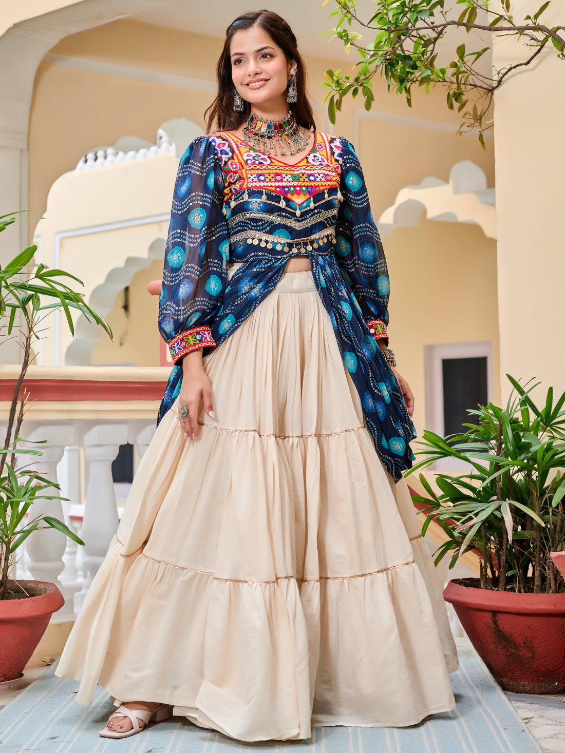 Amazeballs Blue Gamthi Work Cotton Navratri Wear Lehenga With Shrug