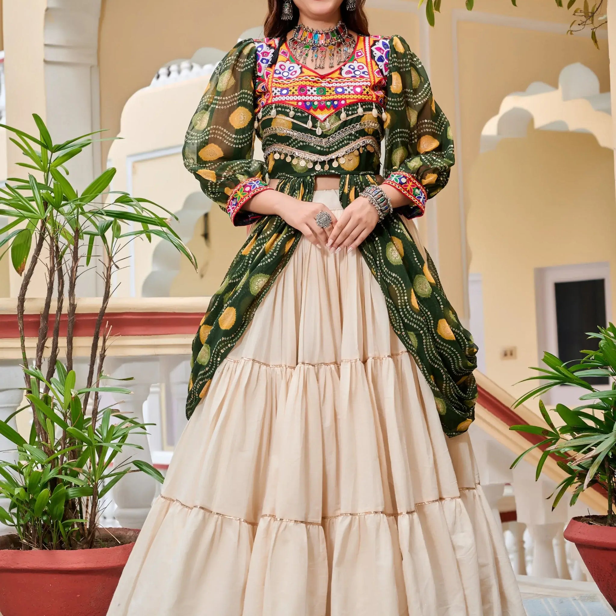 Stunning Green Cotton Navratri Wear Lehenga With Printed Shrug