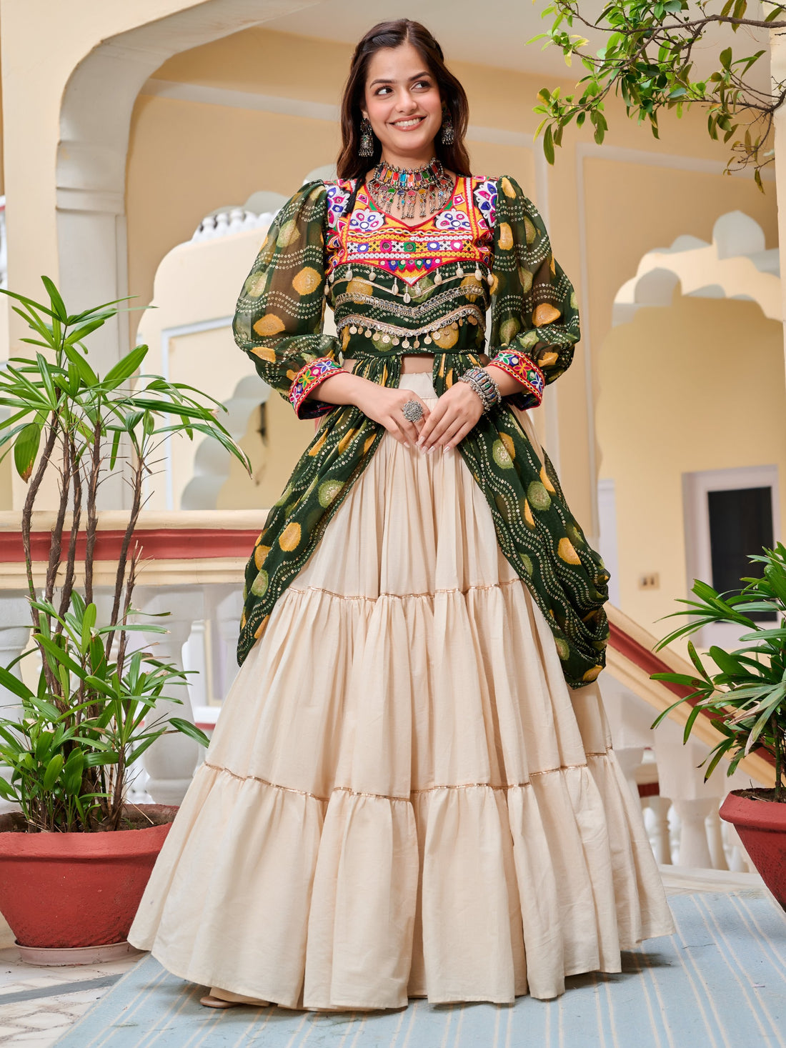 Stunning Green Cotton Navratri Wear Lehenga With Printed Shrug