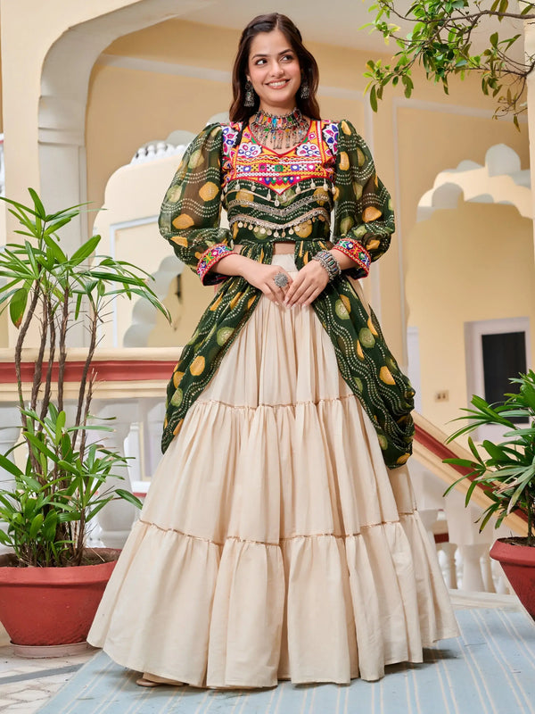 Stunning Green Cotton Navratri Wear Lehenga With Printed Shrug