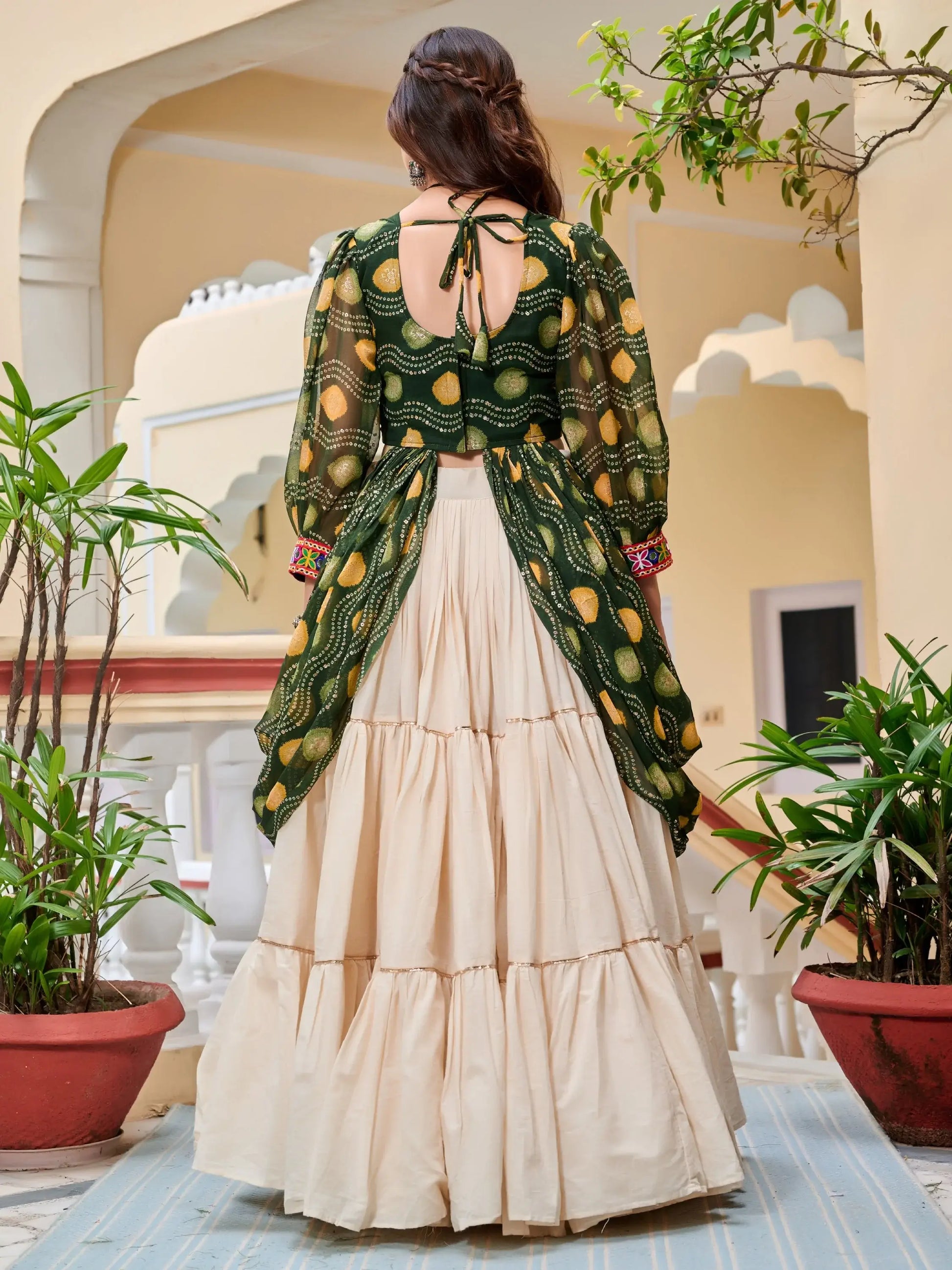 Stunning Green Cotton Navratri Wear Lehenga With Printed Shrug