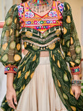 Stunning Green Cotton Navratri Wear Lehenga With Printed Shrug