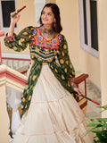 Stunning Green Cotton Navratri Wear Lehenga With Printed Shrug