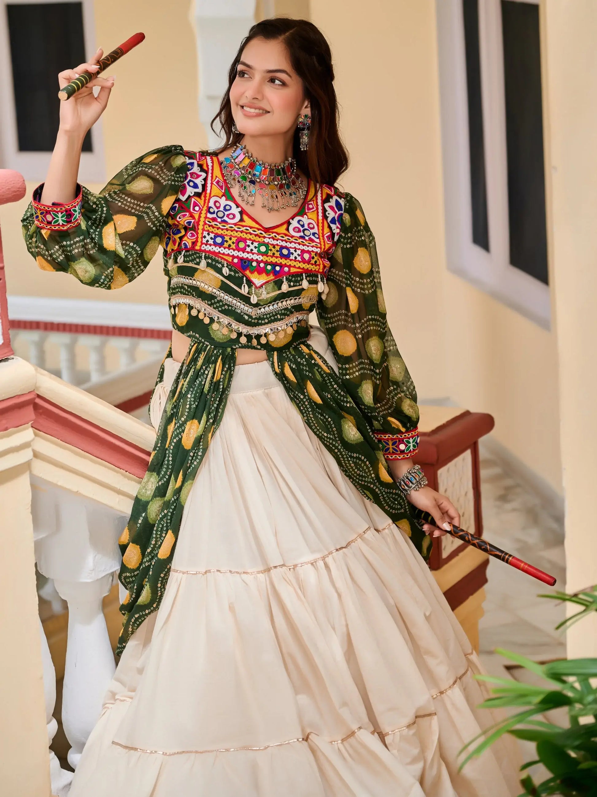 Stunning Green Cotton Navratri Wear Lehenga With Printed Shrug