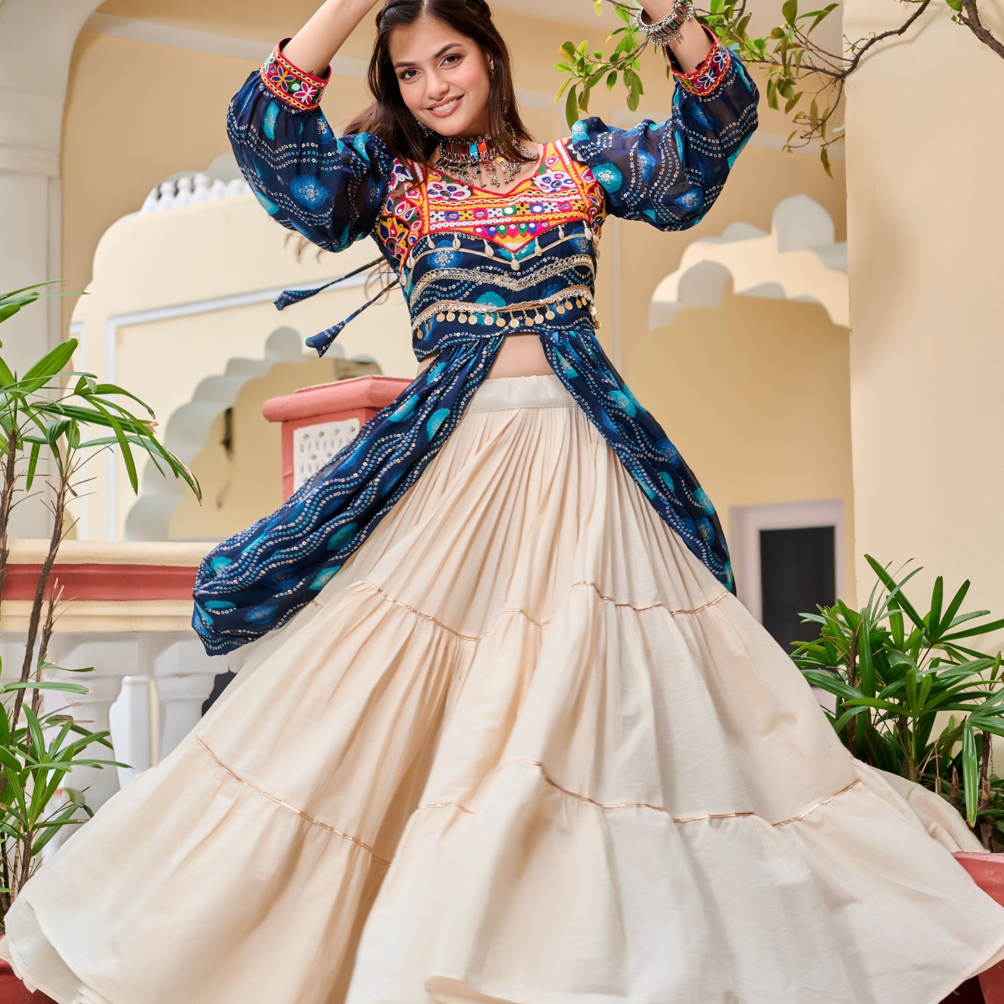 Amazeballs Blue Gamthi Work Cotton Navratri Wear Lehenga With Shrug