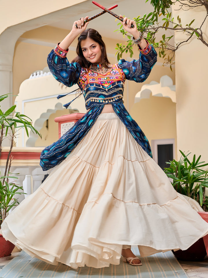 Amazeballs Blue Gamthi Work Cotton Navratri Wear Lehenga With Shrug