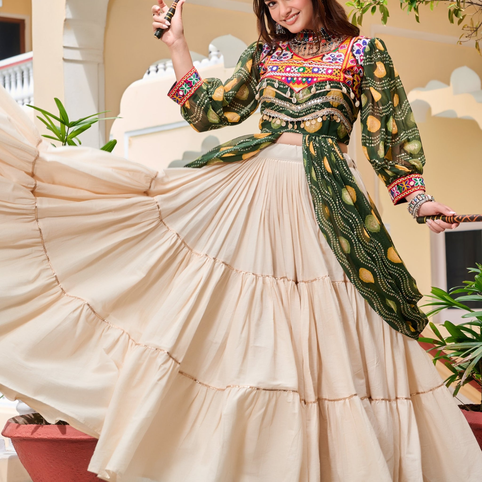 Stunning Green Cotton Navratri Wear Lehenga With Printed Shrug