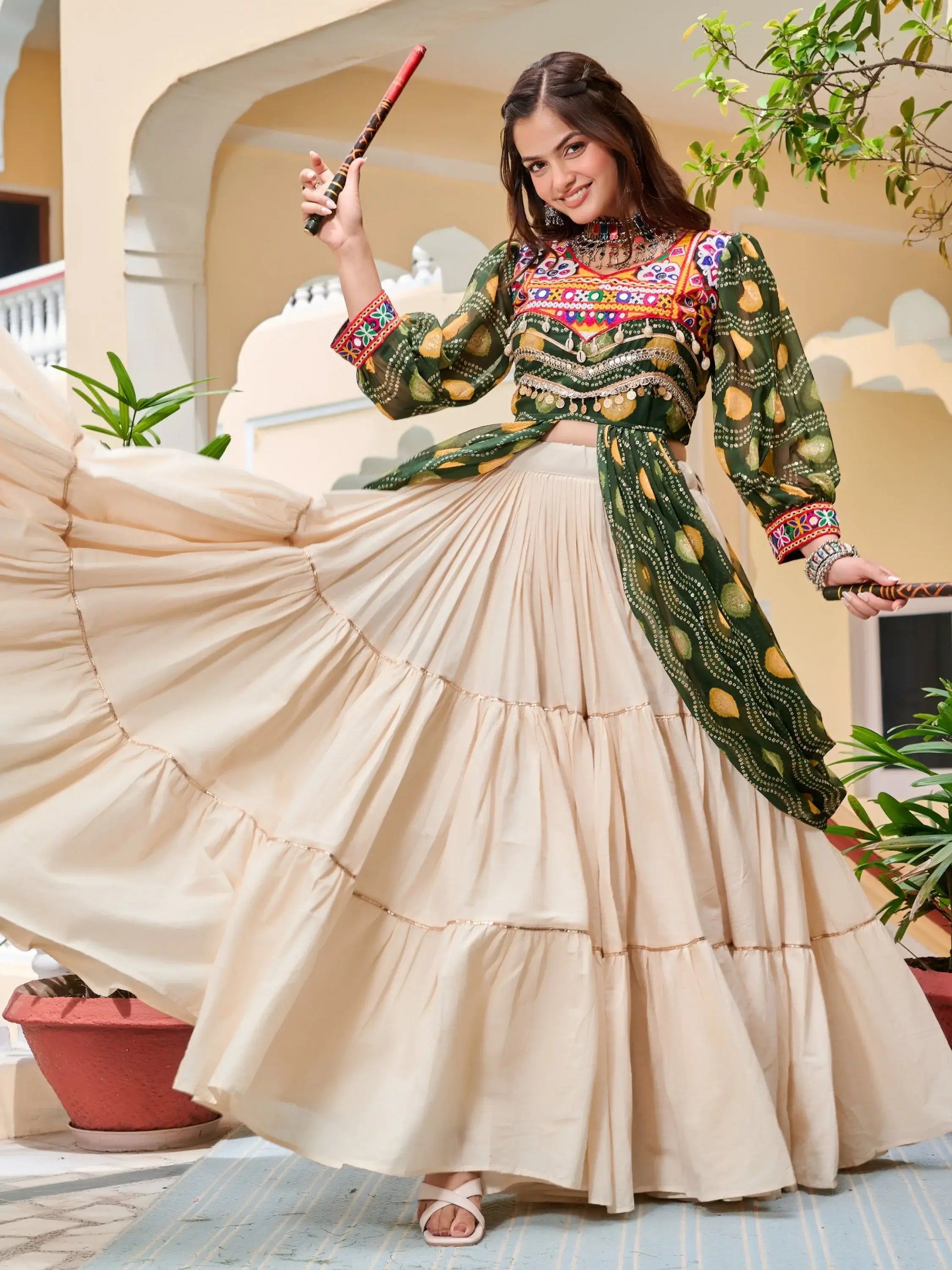 Stunning Green Cotton Navratri Wear Lehenga With Printed Shrug