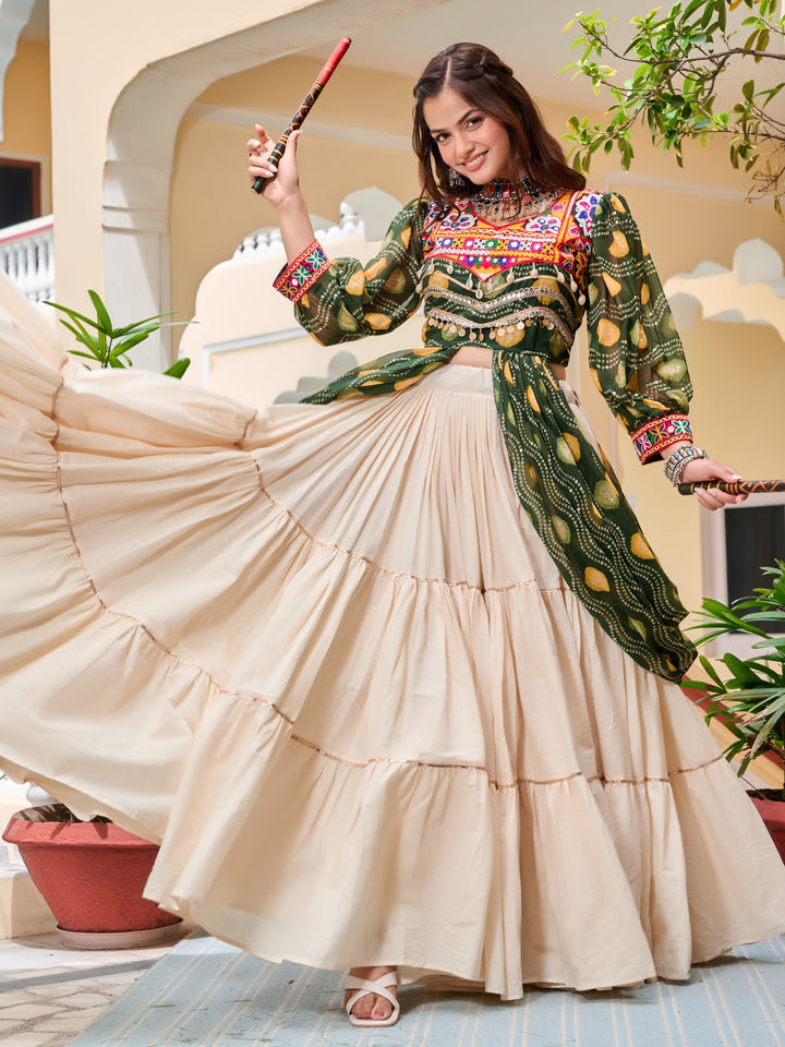 Stunning Green Cotton Navratri Wear Lehenga With Printed Shrug