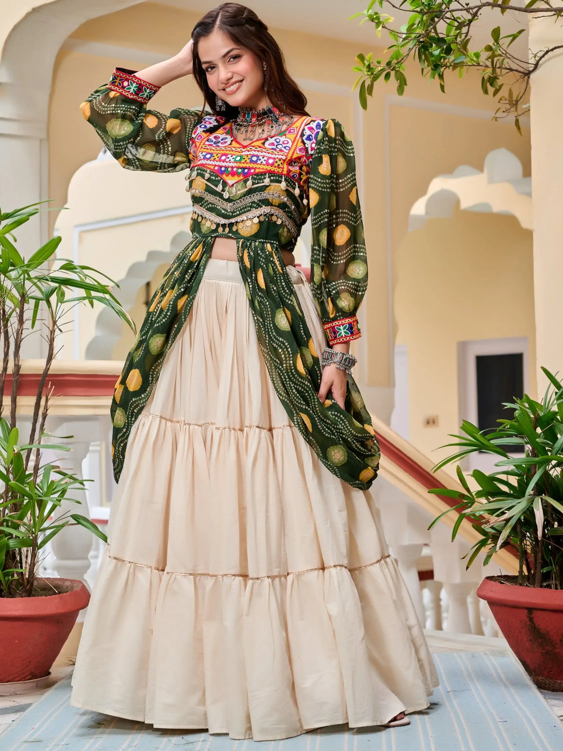 Stunning Green Cotton Navratri Wear Lehenga With Printed Shrug