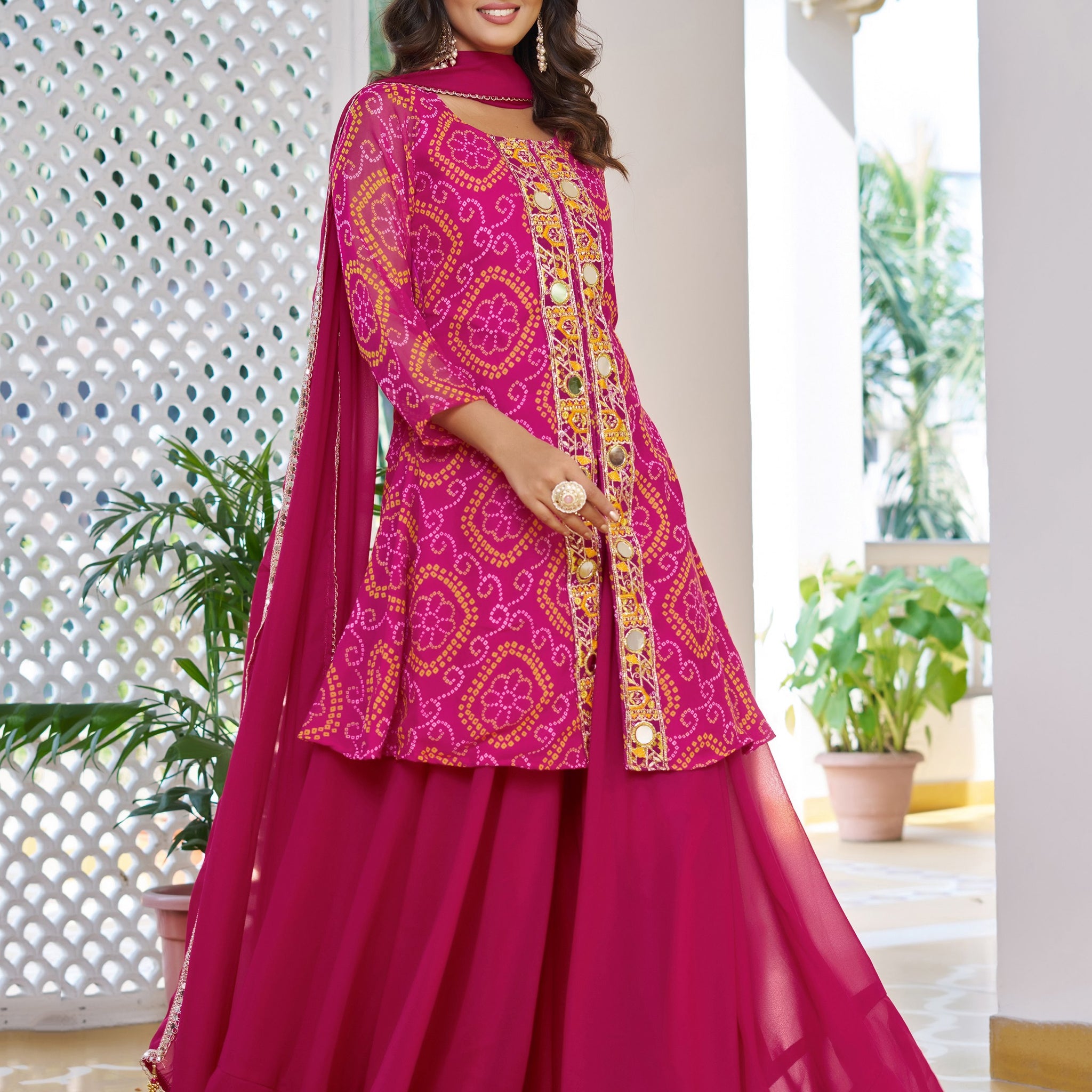 Special Hot Pink Embroidered Georgette Function Wear Palazzo Suit With Dupatta
