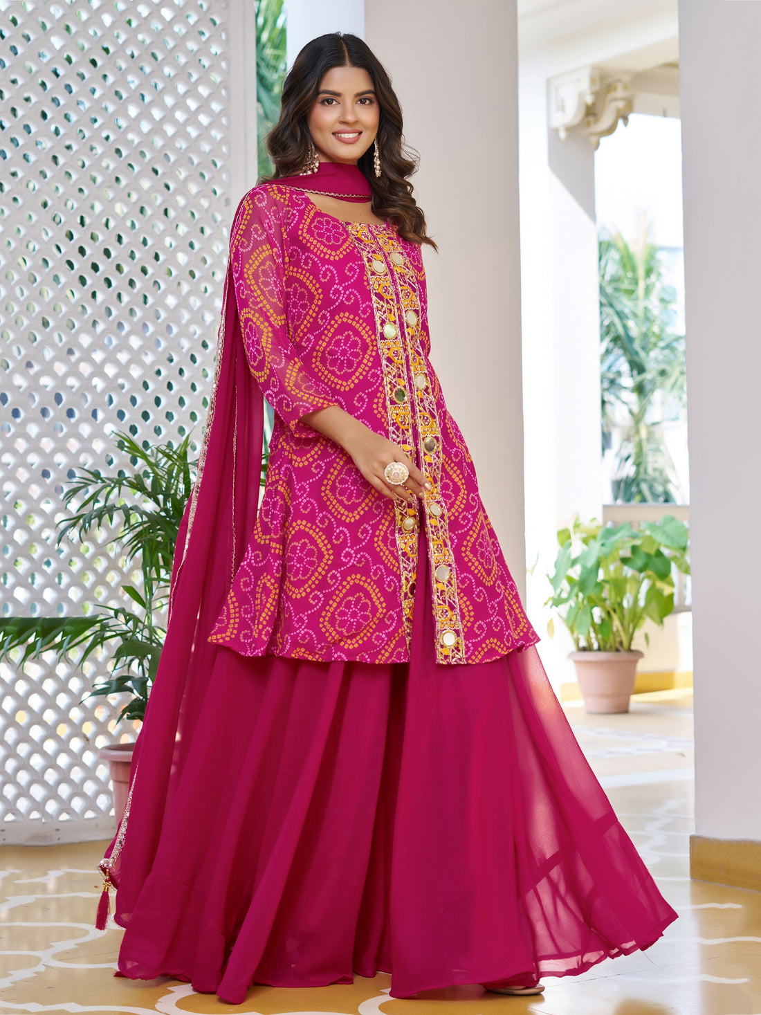 Special Hot Pink Embroidered Georgette Function Wear Palazzo Suit With Dupatta