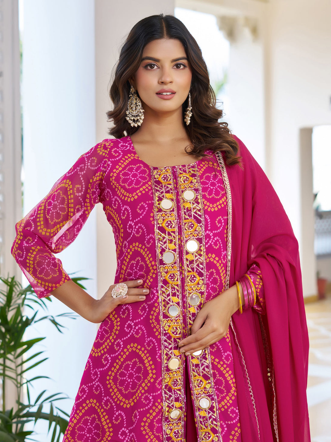 Special Hot Pink Embroidered Georgette Function Wear Palazzo Suit With Dupatta