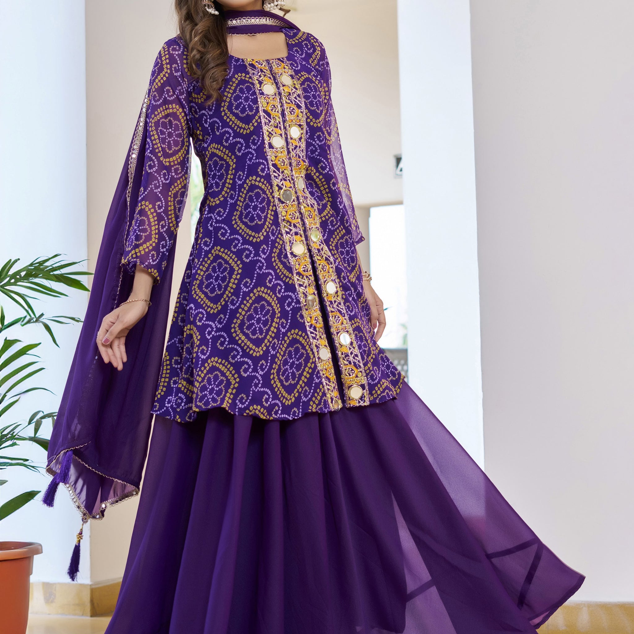 Classy Blue Bandhani Printed Georgette Festive Wear Palazzo Suit With Dupatta