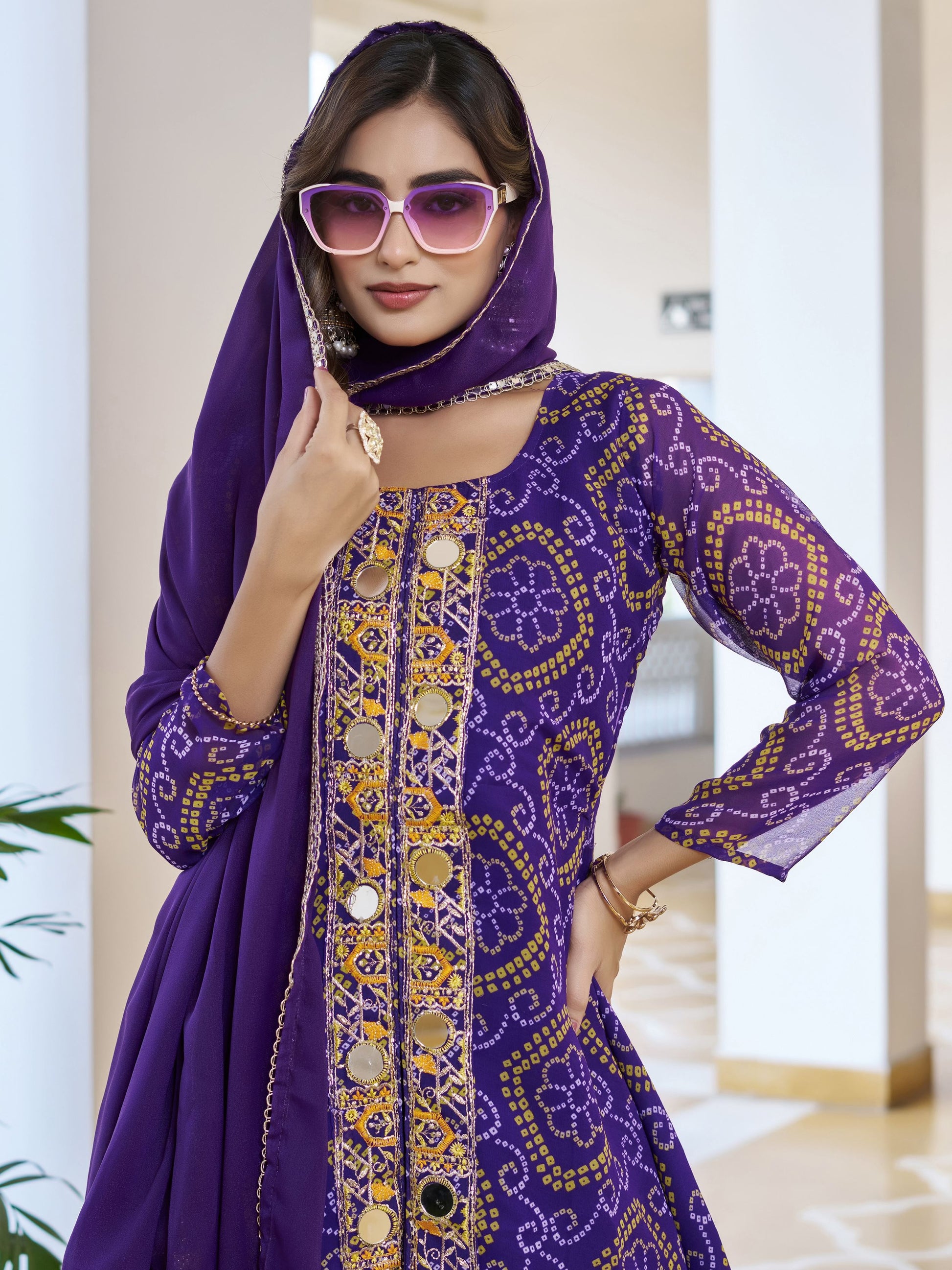 Classy Blue Bandhani Printed Georgette Festive Wear Palazzo Suit With Dupatta