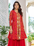 Alluring Red Bandhani Printed Georgette Wedding Wear Palazzo Suit With Dupatta
