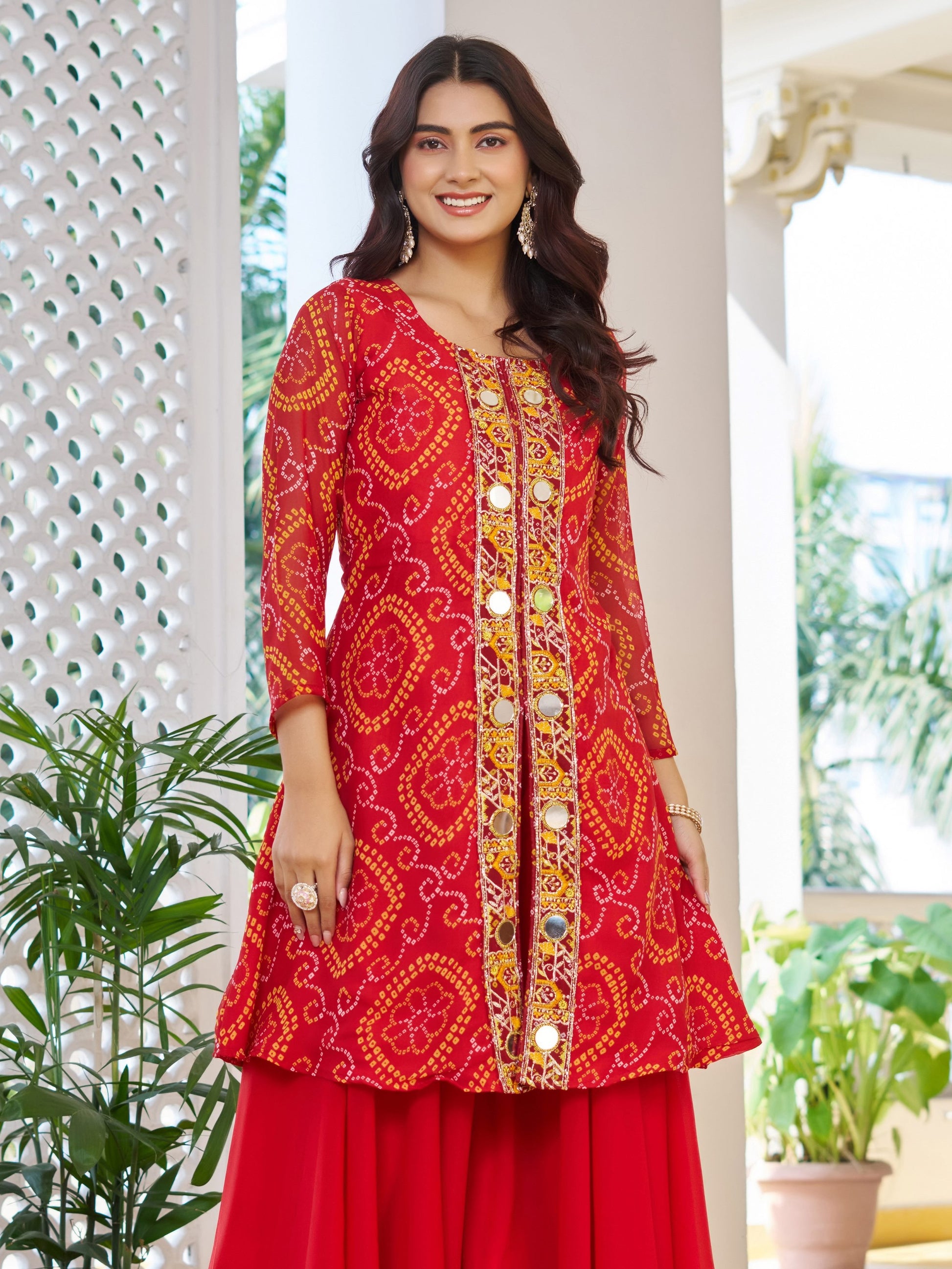 Alluring Red Bandhani Printed Georgette Wedding Wear Palazzo Suit With Dupatta