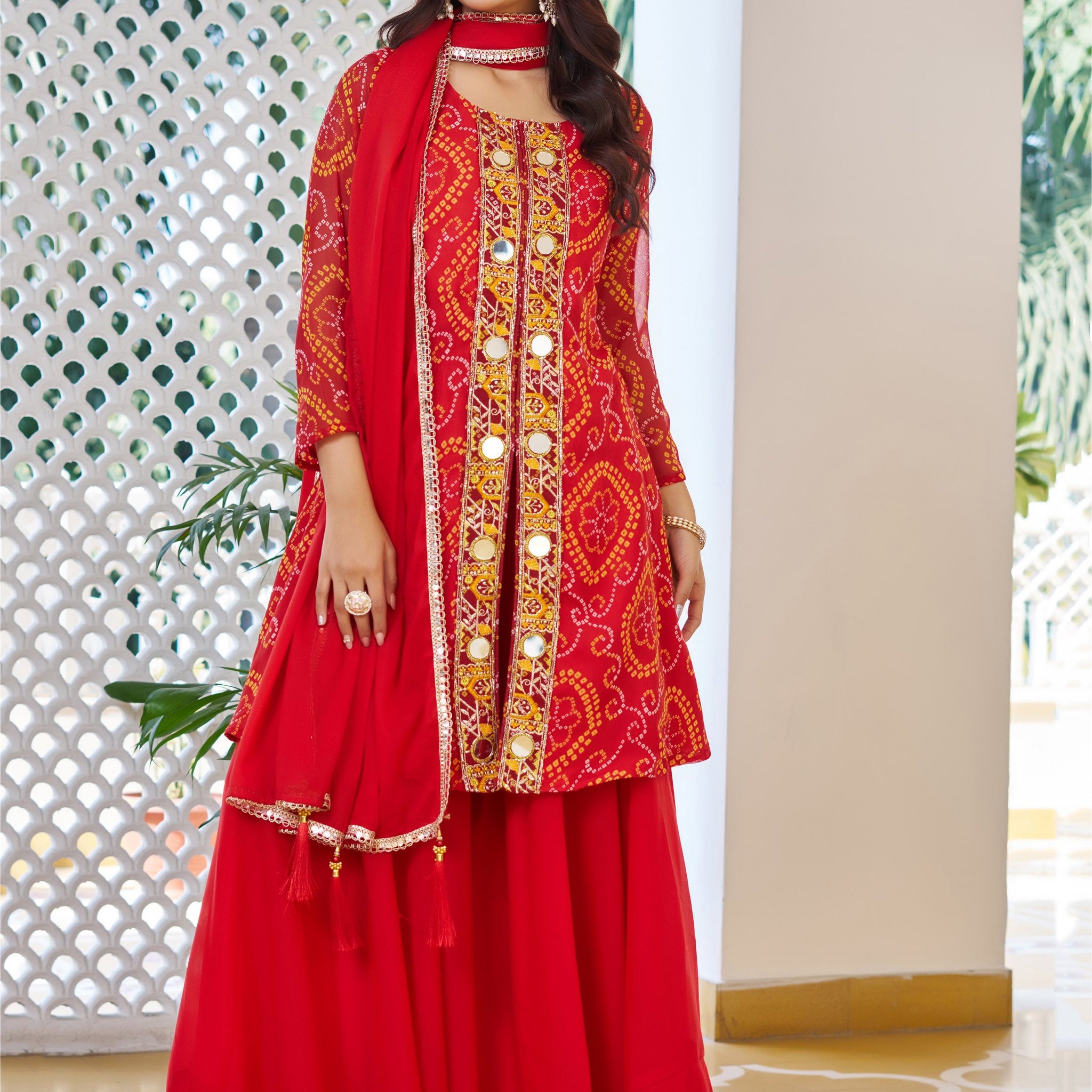 Alluring Red Bandhani Printed Georgette Wedding Wear Palazzo Suit With Dupatta
