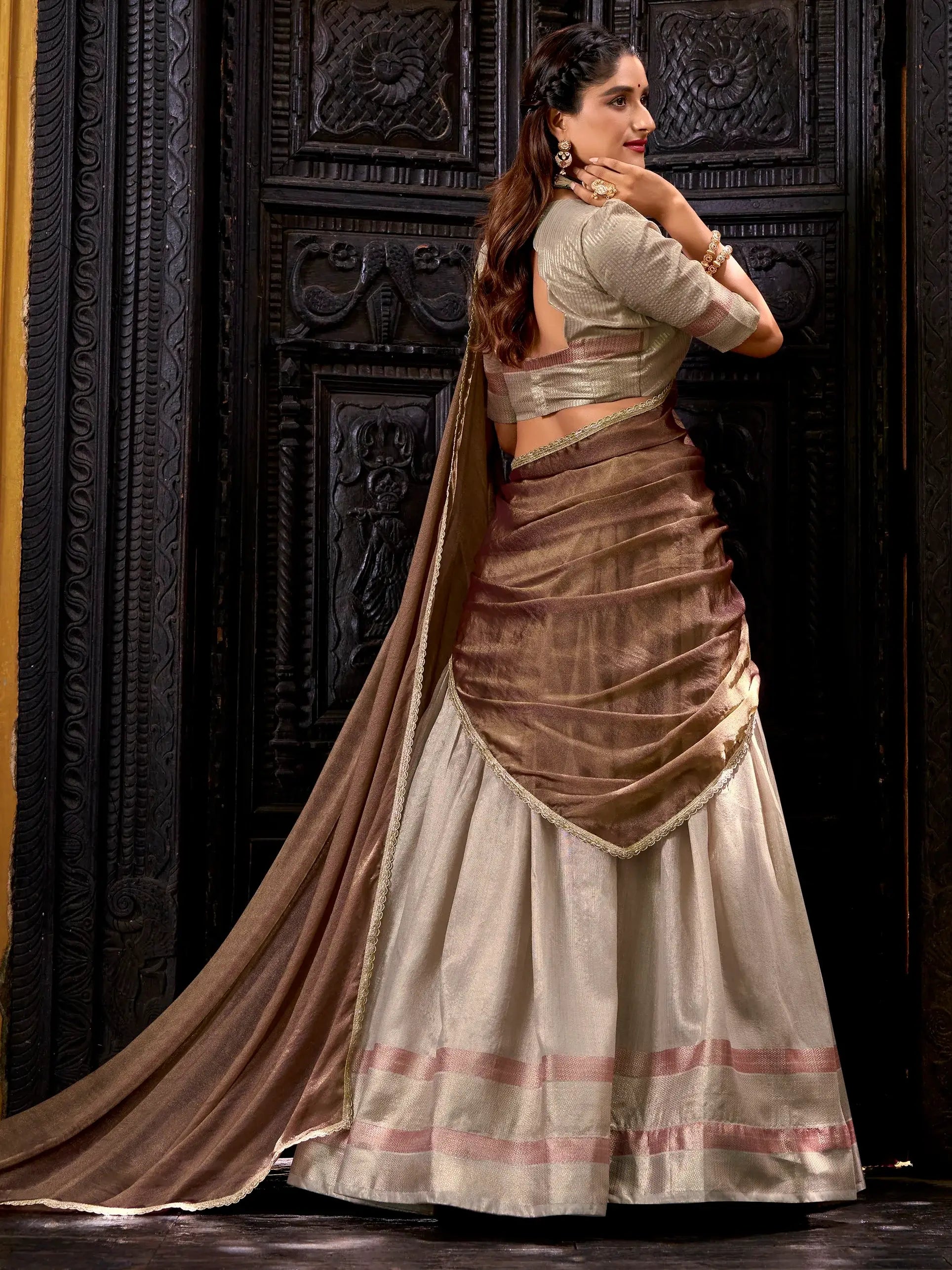 Majestic Cream Zari Weaving Silk Traditional Half Saree Lehenga