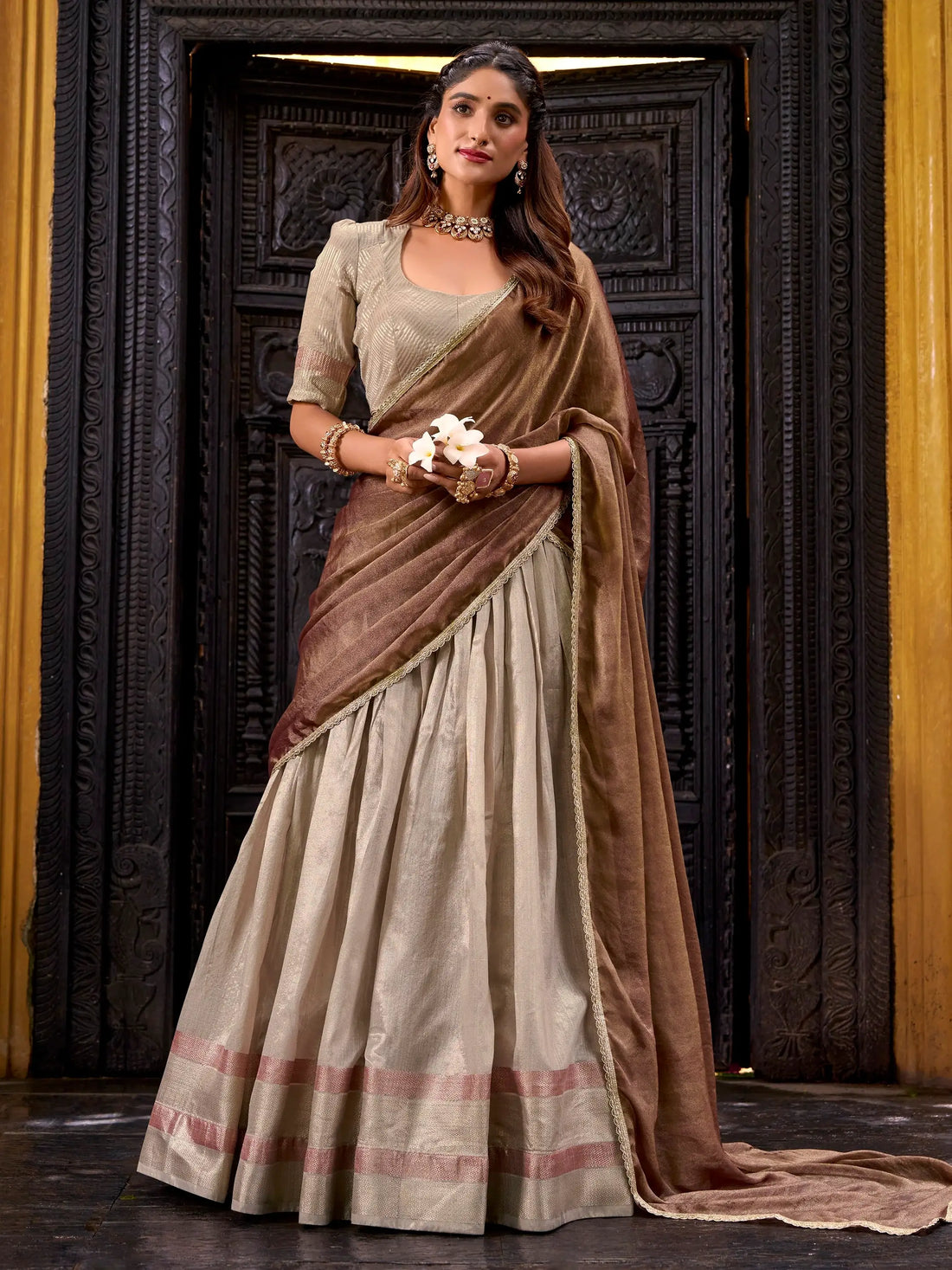 Majestic Cream Zari Weaving Silk Traditional Half Saree Lehenga