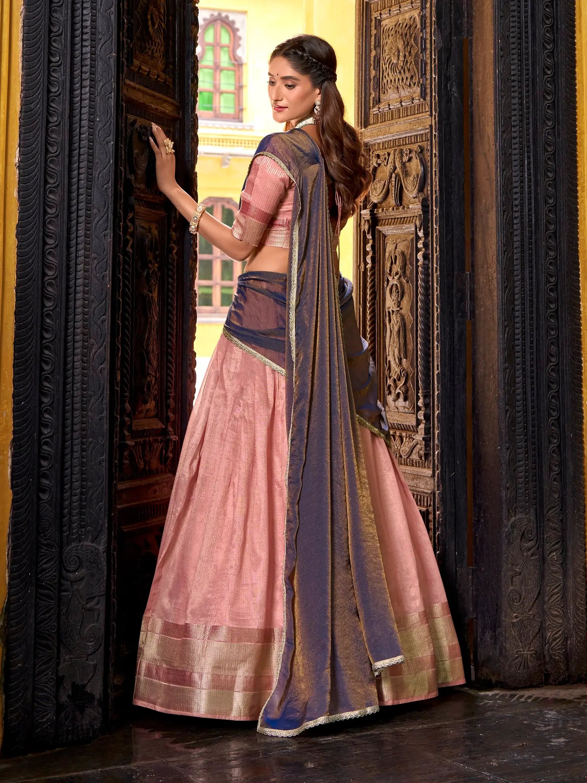 Regal Light Pink Zari Weaving Silk Wedding Wear Half Saree Lehenga