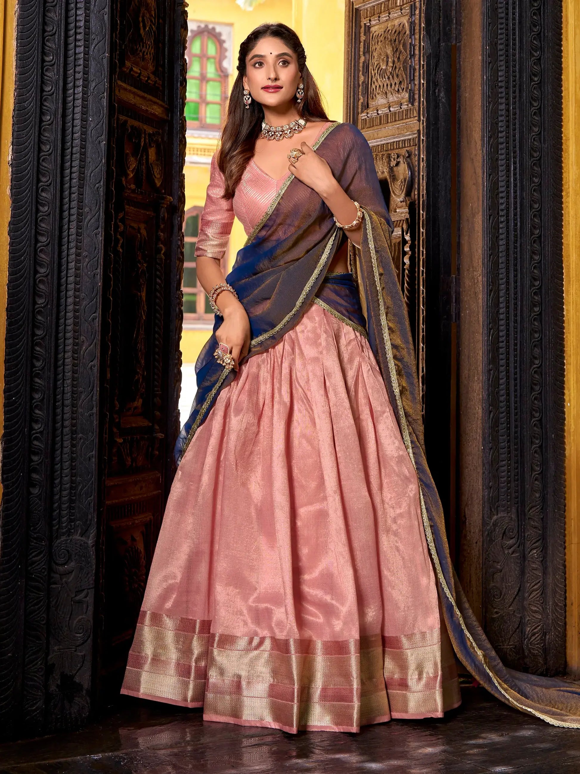 Regal Light Pink Zari Weaving Silk Wedding Wear Half Saree Lehenga