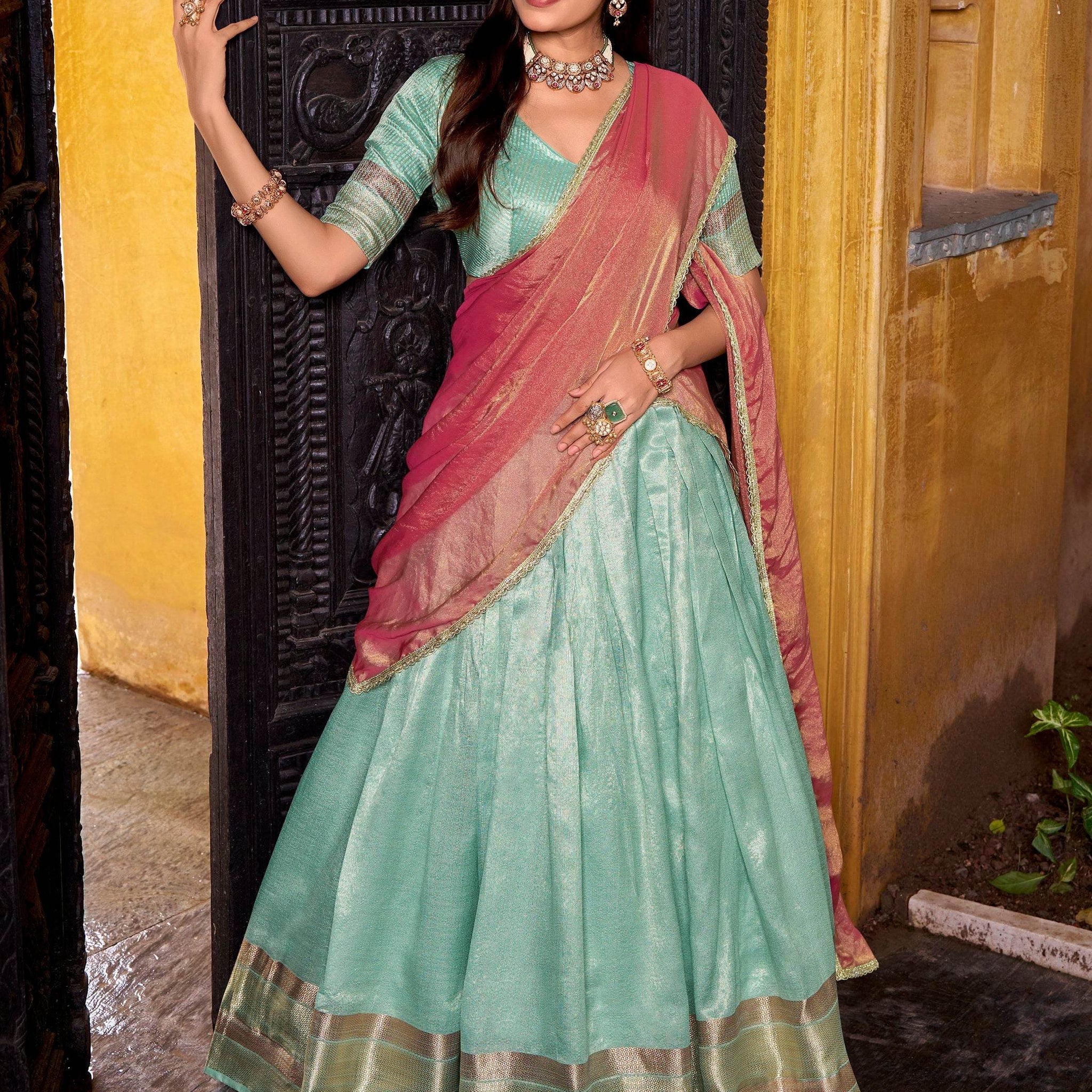 Classy Sky Blue Zari Weaving Silk Festive Wear Half Saree Lehenga