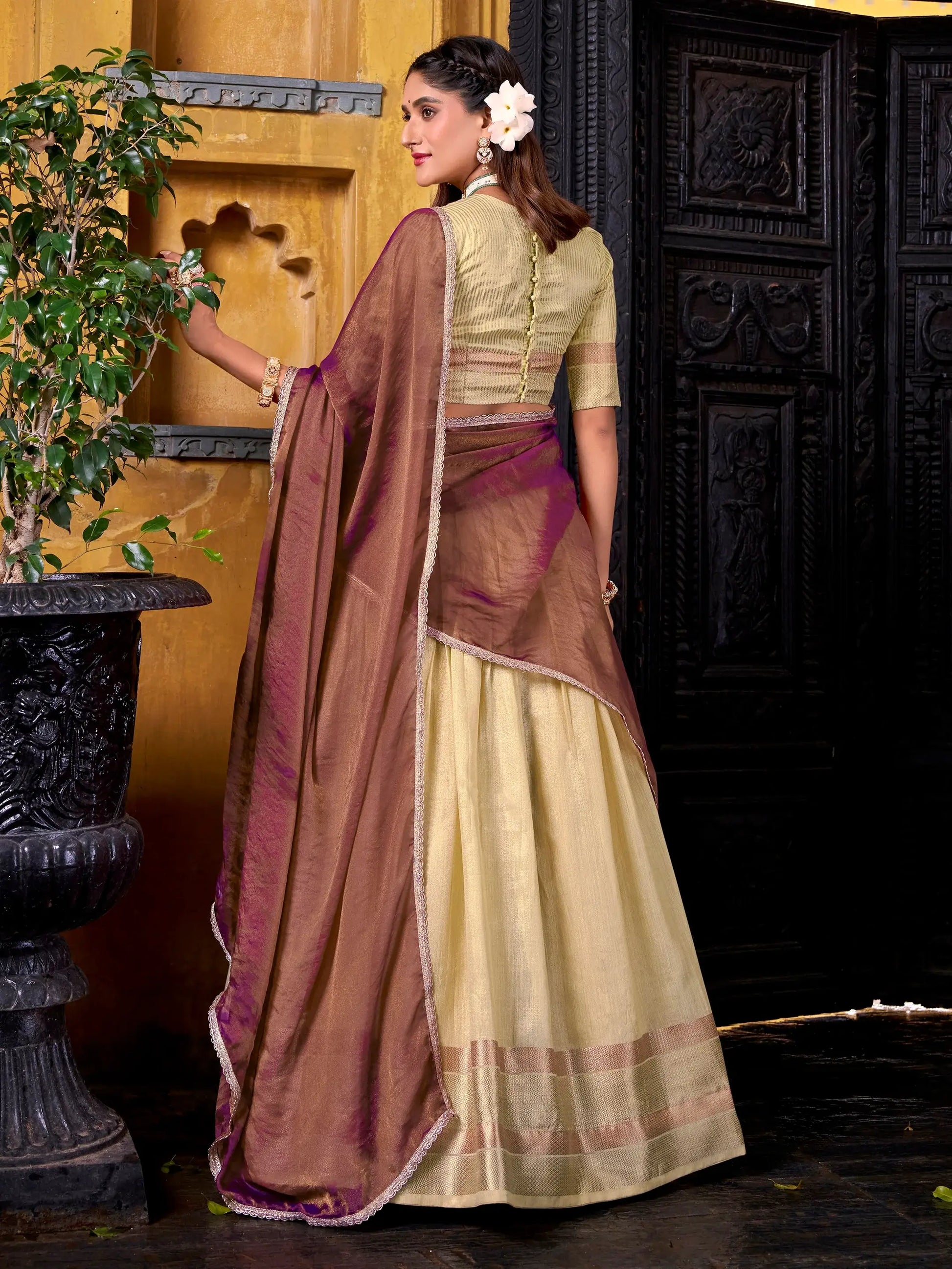 Glorious Yellow Zari Weaving Silk Haldi Wear Half Saree Lehenga