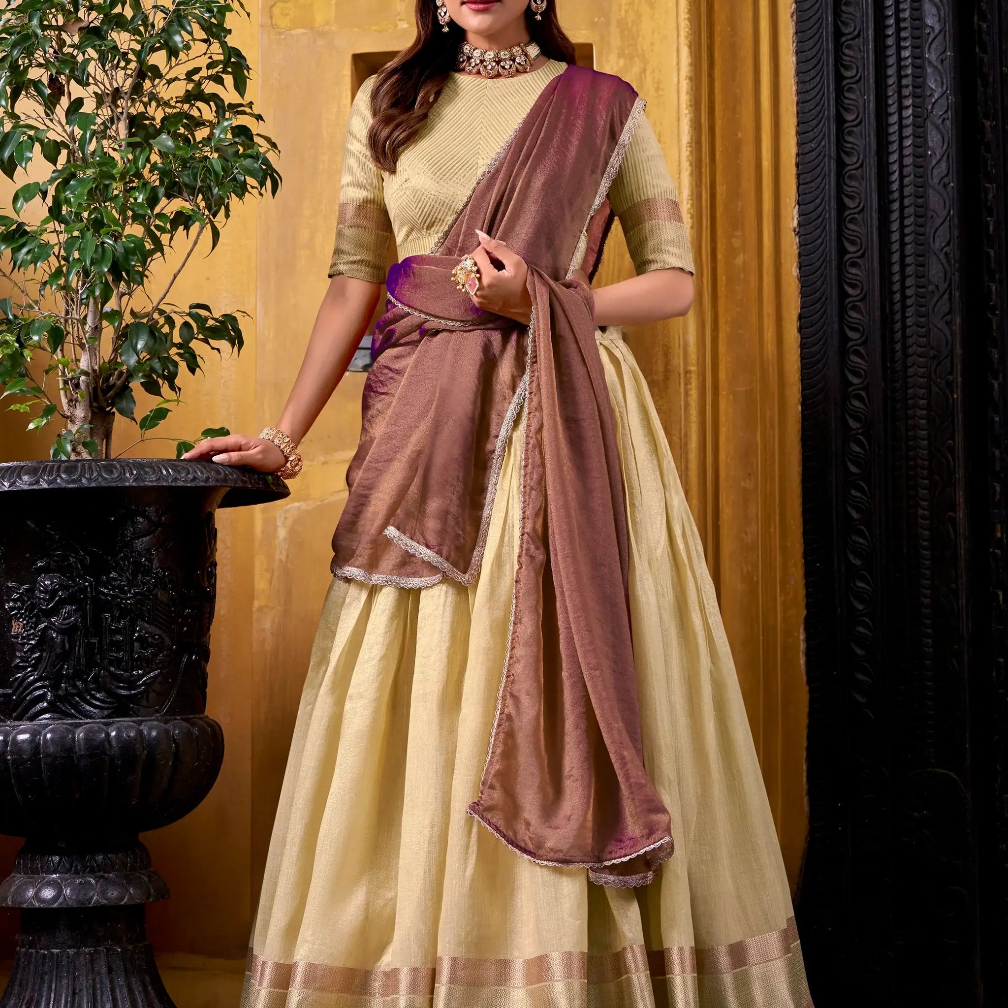 Glorious Yellow Zari Weaving Silk Haldi Wear Half Saree Lehenga