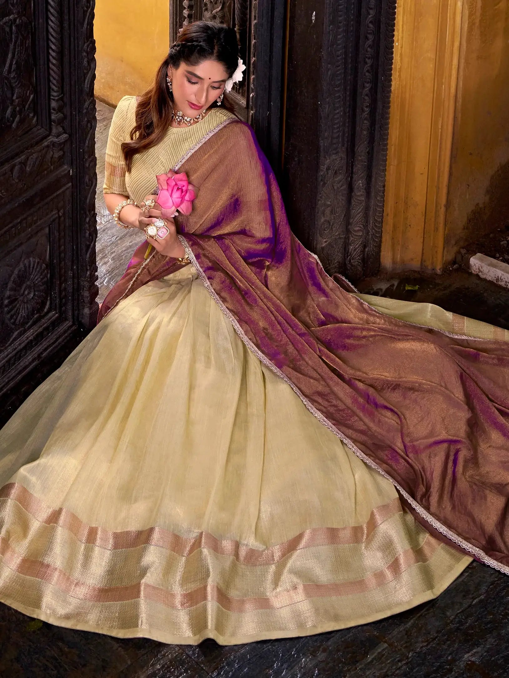 Glorious Yellow Zari Weaving Silk Haldi Wear Half Saree Lehenga