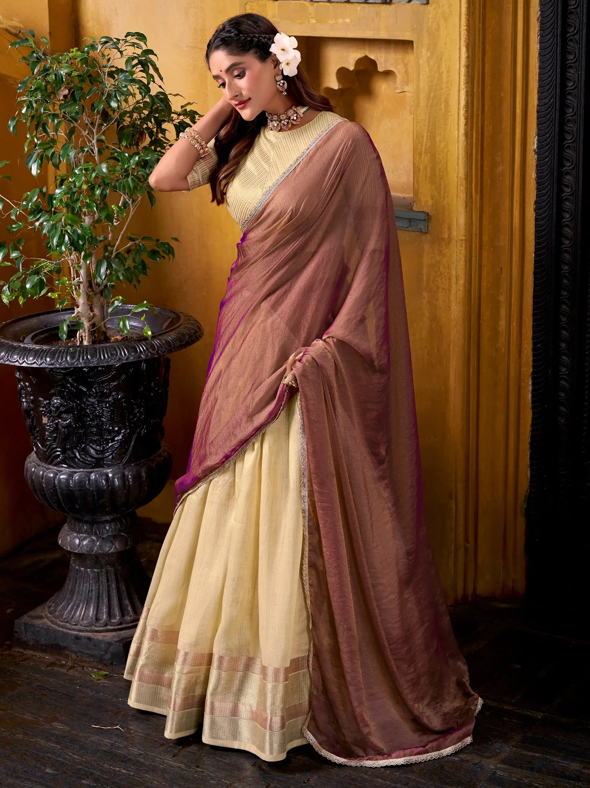 Glorious Yellow Zari Weaving Silk Haldi Wear Half Saree Lehenga
