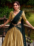 Glowing Beige Zari Weaving Cotton Cultural Wear Lehenga Choli With Dupatta