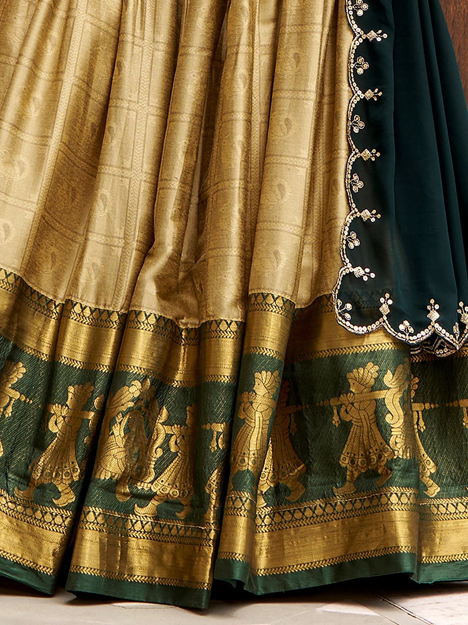 Glowing Beige Zari Weaving Cotton Cultural Wear Lehenga Choli With Dupatta