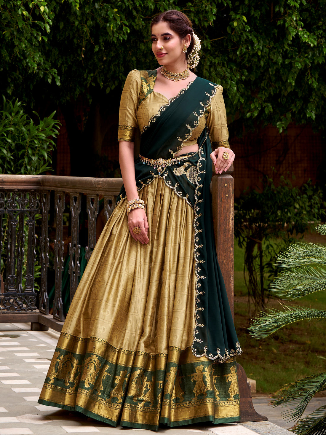 Glowing Beige Zari Weaving Cotton Cultural Wear Lehenga Choli With Dupatta