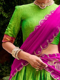 Beautiful Parrot Green Zari Weaving Cotton Traditional Wear Lehenga Choli With Dupatta